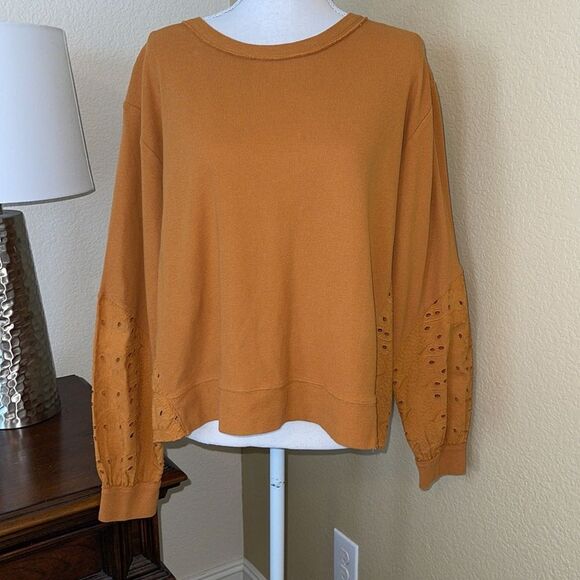 (BOGO FREE) ANTHROPOLOGIE Pilcro Maura Eyelet Lace Sweatshirt Mustard Yellow S - Picture 4 of 6